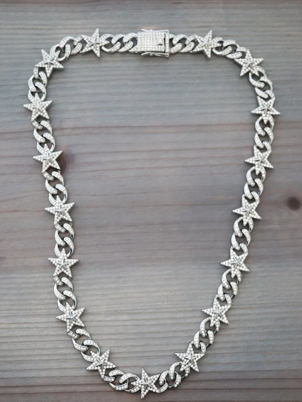Stars & Cuban Ice Round Curb Diamond Chain with Rhinestones Silver Plated N+B Se